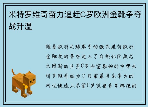 米特罗维奇奋力追赶C罗欧洲金靴争夺战升温